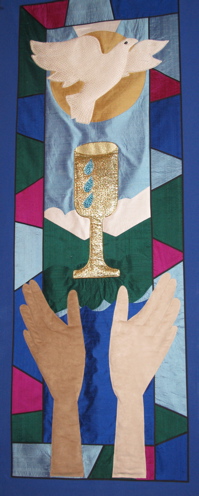 Banner with dove, cup, hands
